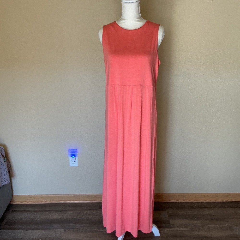 J. Jill Coral Pink Sleeveless Empire Waist Maxi Dress Medium TALL Slub Knit